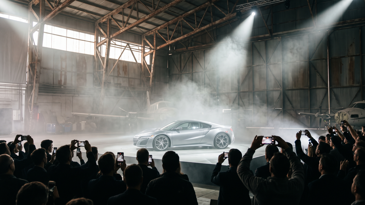 A silver sports car sits on a lit stage in a foggy aircraft hangar, all four wheels on the ground. A crowd seen from behind holds up phones. A spotlight points at the empty air above the car.